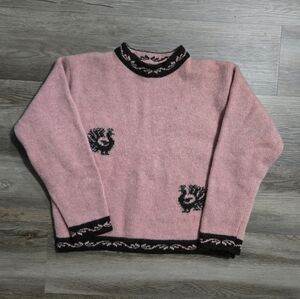 VTG Sisley Italy 100% Wool Pink Fuzzy Sweater Bird Motif 90s